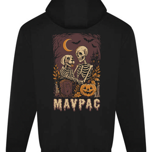 Black hoodie with a dog Halloween-themed graphic featuring a skeleton and dog