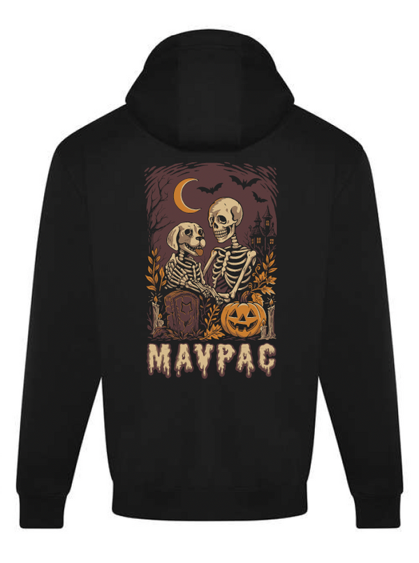 Black hoodie with a dog Halloween-themed graphic featuring a skeleton and dog